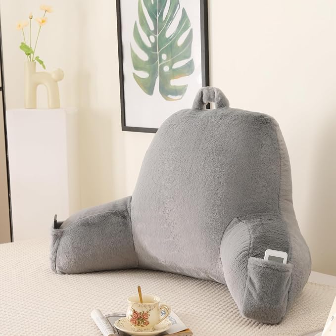Large Plush Backrest Pillow for Sitting in Bed,Faux Fur,Gray | 19" Back Pillow with Arms Supports Adults,College Students,Elbows & Forearms for Dorm Reading,Gaming,Watching TV by PAJEO