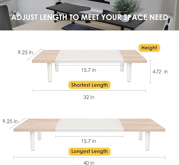 Across-Star Dual-Monitor-Stand-Riser-For-Desk Adjustable Length 32-40 Inch，Large Desktop Computer Monitor Riser For 2 Screens，Desk Shelf Organizer Riser Stand For Computer/Laptop/PC/Printer/TV Black - Image 3