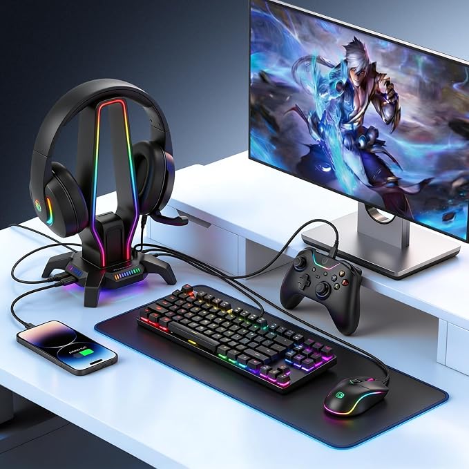 MARVO RGB Headphone Stand Data Transmission, 9 Lights Mode Headset Holder with 1 USB-C & 3 USB Ports & 1 3.5mm Jack Port, Ultimate Gaming Accessories for Gamers for PS, Xbox, PC - Image 6