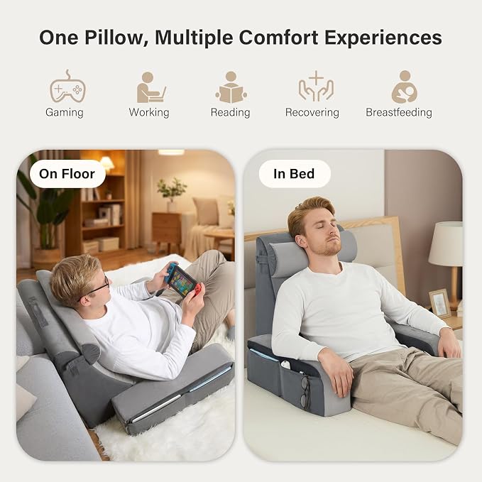 Vekkia 25" Reading Pillow for Bed with XL Side Pockets for Tall Adults | 60° Wedge Back Support, Built-in Armrests, Washable Cover, Idea for TV, Gaming, Working, Nursing,Recovery in Bed & Floor,Gray - Image 4