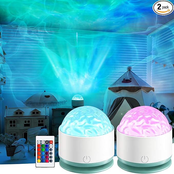 Ocean Wave Projector Light, Rechargeable 16 Color Ocean Lamp Ambient Lighting Night Light Projector Mood Lighting with Dimmable & Remote for Kids Bedroom Teen Girl Gift Room Decor - 2P by Avkast