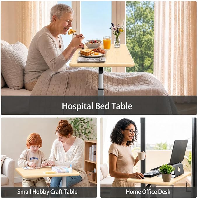 WOTURE Pneumatic Adjustable Overbed Bedside Table with Wheels - Hospital & Home Use, Medical Bed Table, Mobile Standing Desk, Rolling Laptop Cart, Non Tilt Surface(23.6" L x 15.7" W, Maple) - Image 7