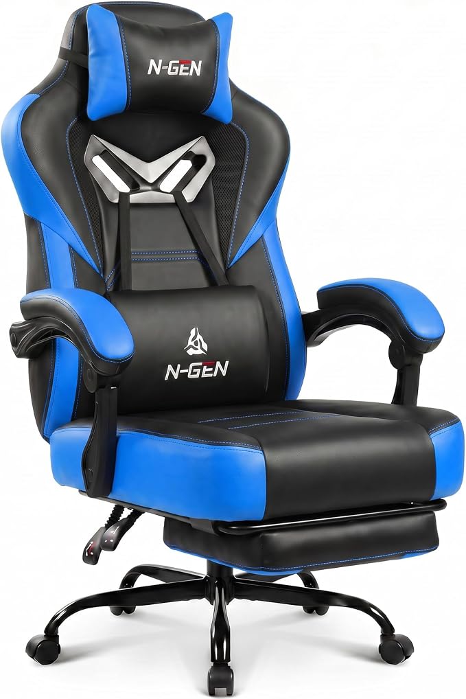 N-GEN GAMING Big & Tall Gaming Chair with Footrest, Lumbar Support, Blue | Ergonomic High-Back Chair for Adults, Padded Wide Seat with Heavy-Duty Base, Reclining Comfort for Computer, Office/Home Use by N-GENGAMING