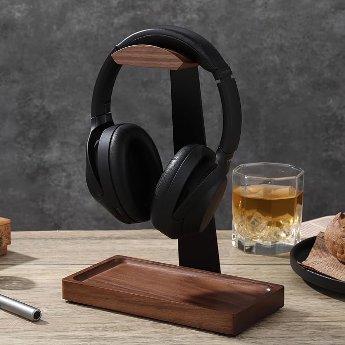 Walnut Headphone Stand, Wood Headset Holder for Desk with Storage | Wooden Gaming Headset Stand for AirPods Max/Bose/Razer/Sennheiser, American Black Walnut & Aluminum, Vintage Gift for Men - Image 7