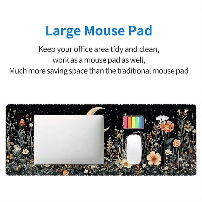 Cute Mystical Plants Desk Pad Whimsical Moon Stars Extended Gaming Mouse Mat with Stitched Edge Non-Slip Base - Big Office Computer Keyboard Laptop Home - 31.5"x11.8" - Image 7