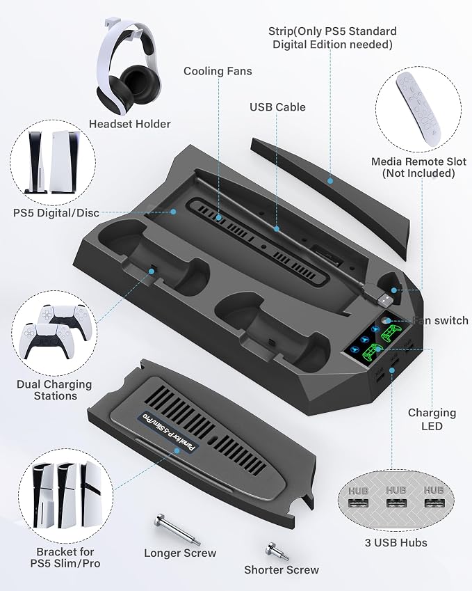 PS5/PS5 Slim/PS5 Pro Stand and Cooling Station with Dual Controller Charging Station for PlayStation 5 Console, PS5 Accessories Incl. Controller Charger, Cooling Fan, Headset Holder, 3 USB Hub, Black - Image 6