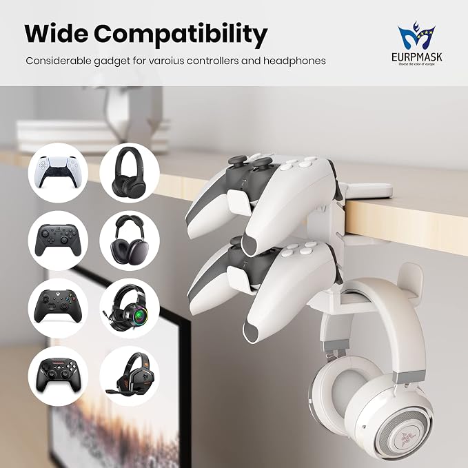 EURPMASK 3-in-1 Rotating Headphone Stand w/2 Detachable Controller Holders | Adjustable Clamp-on Headset Holder Hanger,360°Swivel,Gaming Headset Hanger,Cable Organizer,Keep Headphones Secure&Desk Tidy - Image 3