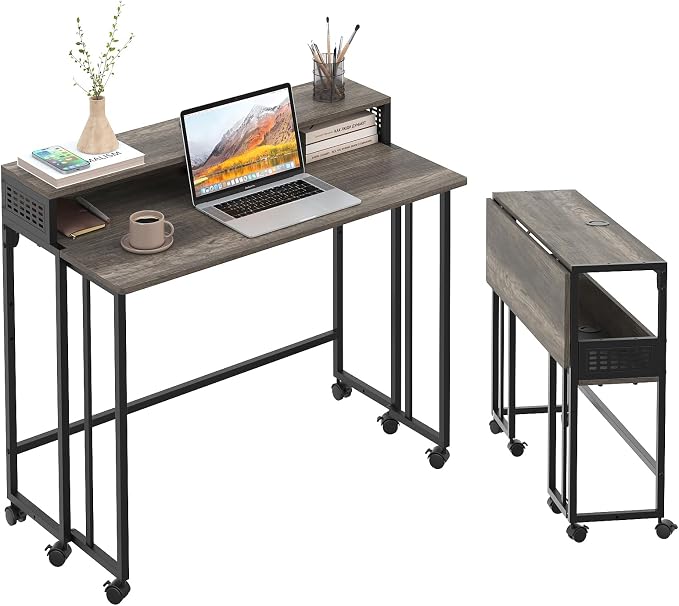 Gezen 31.5" Folding Desk with Storage Shelf, Small Rolling Desk, Dark Grey by Gezen