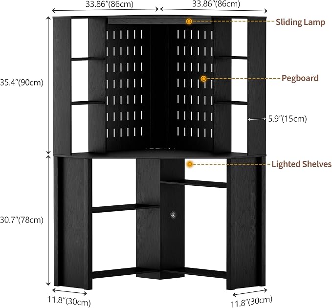 HNEBC Home Office Desk with Pull-Out LED,L-Shaped Corner Desk with Pull-Out LED Lights & Chariging Station,Computer Desk with Hutch & 10 Shelves,Pegboards for Work & Study,Black - Image 2