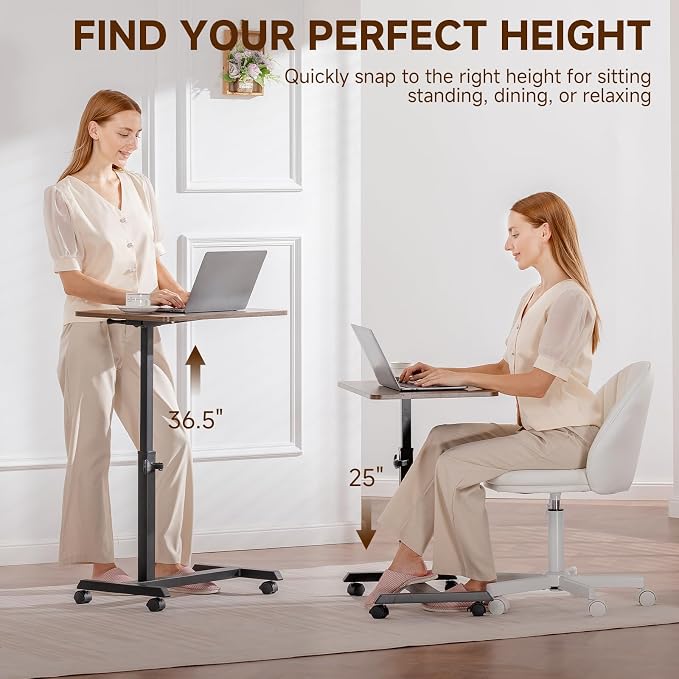 GTPLAYER Small Standing Desk, 24 Inches Foldable Mobile Rolling Laptop PC Table with Lockable Casters, Adjustable Height Overbed Bedside Table Computer Workstation for Home Office, Walnut-Foldable - Image 4