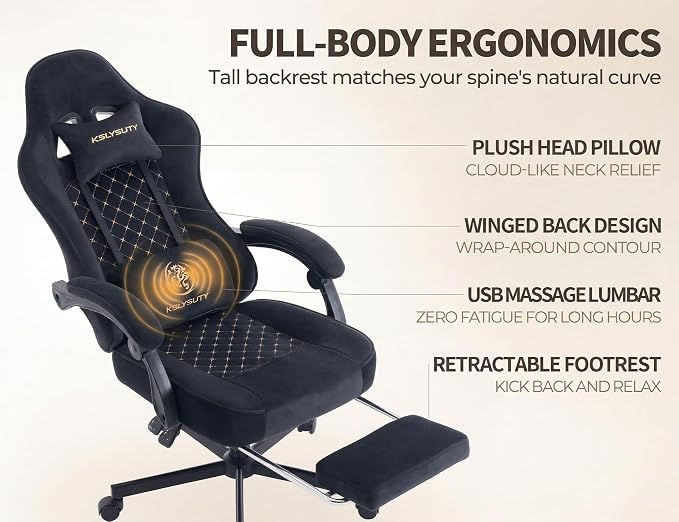 Office Desk Computer Gaming Chair for Adults, Ergonomic High Back Gamer Chair with Massage and Pocket Spring Cushion, Swivel Comfy Video Game Chairs with Footrest and Lumbar Support (Black Fabric) - Image 5