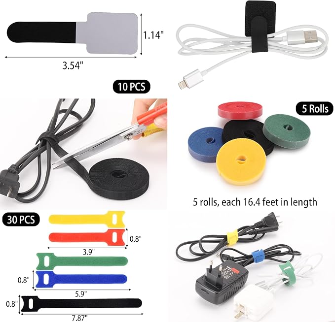604 Pcs Cable Management Kit, 4 Cord Organizer Sleeve, 7 Cable Holder, 38 Adhesive Cord Clips, 40 Pcs+5 Roll Cable Organizer Straps 200 Cable Ties 300 Cable Wire Clips for PC TV Under Desk - Image 4
