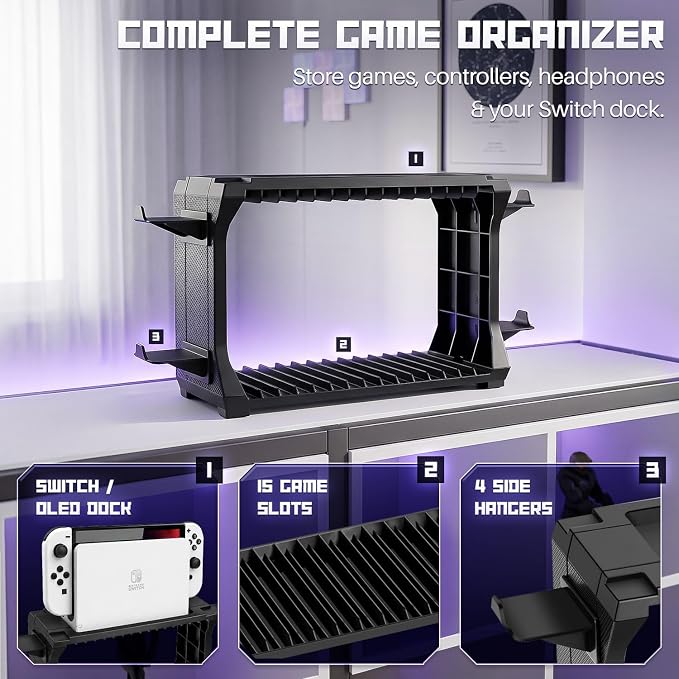 TNP Video Game Storage Tower for PS5, 15 Game Cases, 4 Controllers, Black - Image 3