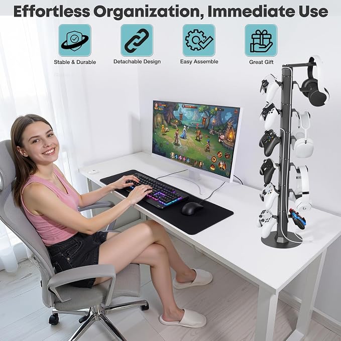 Gaming Controller & Headset Holder Stand for Desk, with Charger Cable Organizer Headphone Stand for PS5/ Xbox/ PS4/ Switch, Metal Base Controller Hook for Storage with 360° Rotatable Hanger- 6 Tiers - Image 7