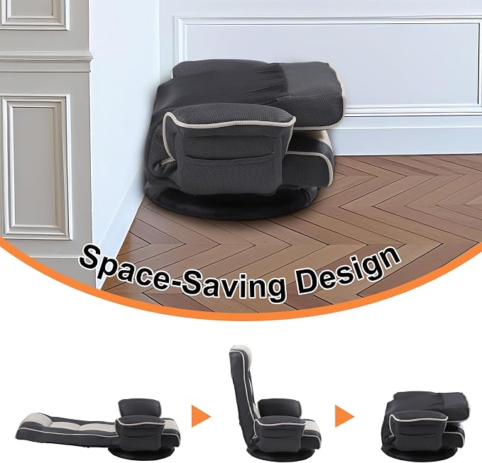 Swivel Floor Chair for Adults, 14-Position Adjustable Floor Gaming Chair with Back Support & Armrests, Foldable Lazy Sofa Lounge, Breathable Mesh for Gaming Reading Meditation (Grey/Beige) - Image 8