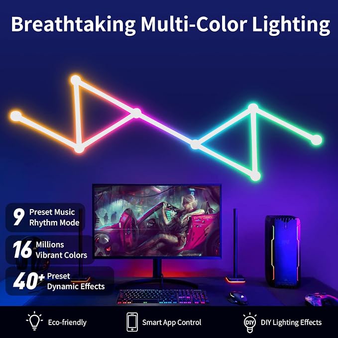 Smart WiFi RGB LED Wall Light Lines 16M+ Color LED Dimmable Music Sync Gaming Room, Bedroom, Led Home Wall Decor Light Bars Kit Compatible with Alexa and Google Assistant (9 LED Light Lines) - Image 3