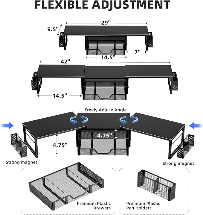 Simple Trending Dual Monitor Stand with Drawer and 2 Pen Holders, Black | 42"L x 9.5"W x 4.75"H. Sturdy metal. Fits 2 monitors. Reduces neck strain. Drawer + 2 pen holders. Easy assembly. 24h support - Image 7