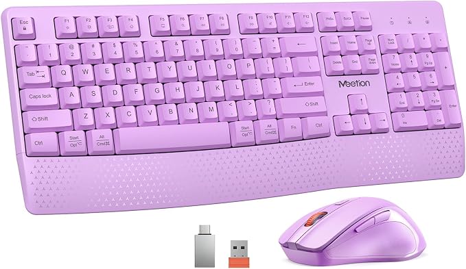 MEETION Wireless Keyboard and Mouse Combo, Full-Size with Wrist Rest Purple by MEETION