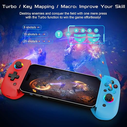 Joso Mobile Gaming Controller for iPhone/iPad/Tablet, Android Wireless Controller with Hall Effects Joysticks, Support PC/Switch, Play Cloud Games/PS Remote Play/COD/Genshin Impact & More - Blue+Red - Image 6