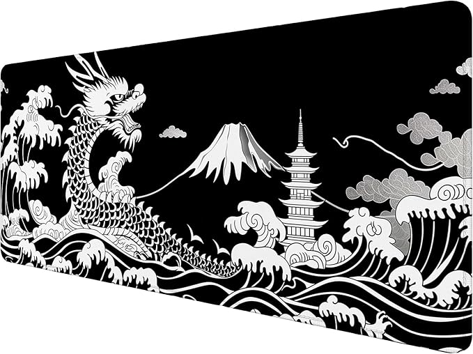 Dragon Desk Mat Gaming Mouse Pad Black White Japanese Sea Wave Extended Gaming Mouse Pad Mat with Stitched Edge Non-Slip Base Big Mouse Pad Office Computer Keyboard Laptop Home 31.5"x11.8" by Unknown