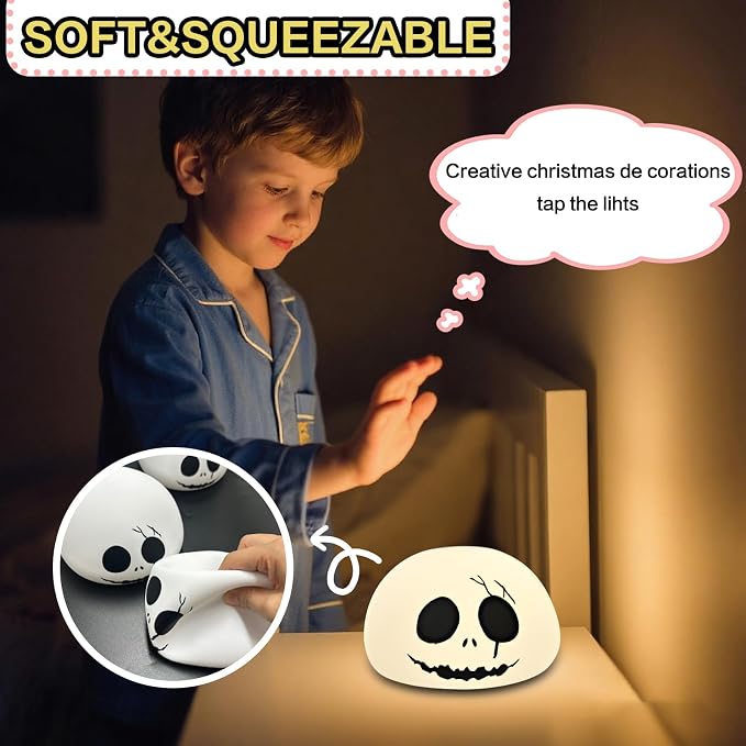Cute Creative Christmas Skeleton Face Silicone Tap Light - Battery Powered, Multi-Color Changing, Safe and Soft for Indoor Holiday Decoration (White Skellington) - Image 5