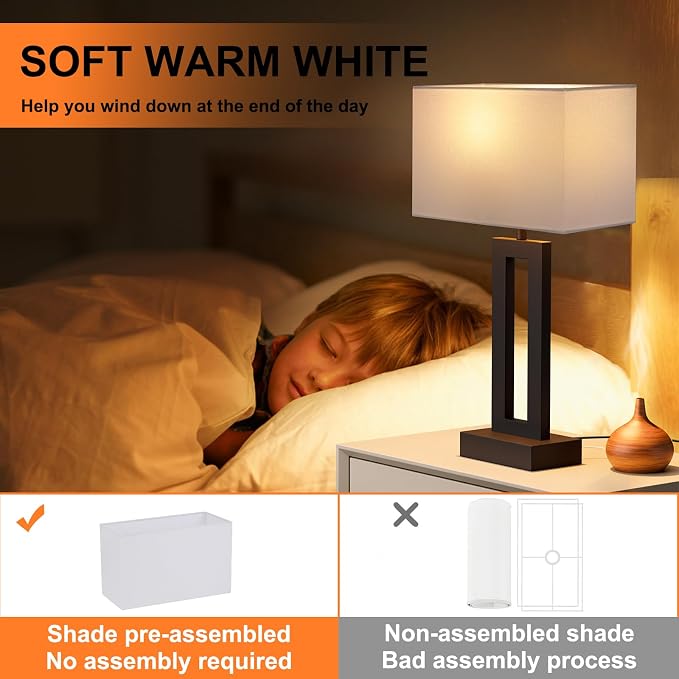 Nightstand Table Lamps for Bedrooms Set of 2 - Touch Bedside Lamp with USB C+A, 3 Way Dimmable Living Room Lamps for End Tables Set of 2, Modern Night Stand Lamps for Bed Side Guest Room(White) - Image 5