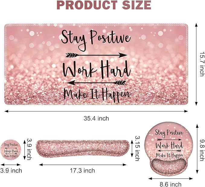 ToLuLu Desk Mat, XXL Large Mouse Pad Wrist Support Set，4 in1 Gaming Mousepad Desk Pad+ Ergonomic Mouse Pad with Wrist Rest + Keyboard Wrist Rest+Coaster for Women Home Office Table, Pink Stay Positive - Image 8