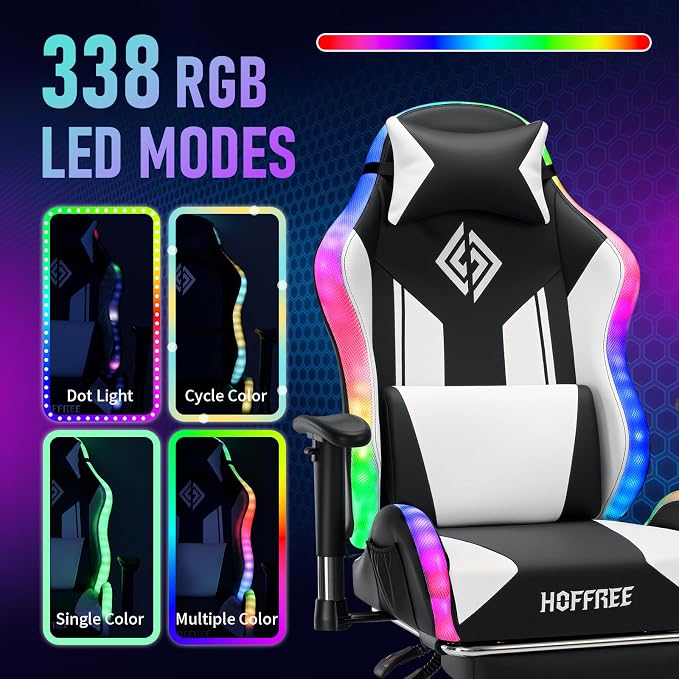 HOFFREE RGB Gaming Chair for Kids LED Computer Chair 155°Recliner-White | PC Game Chair with Lights Gamer Chair for Boys Teens 8-15 Video Game Chairs with Footrest and Lumbar Support Racing Style - Image 4