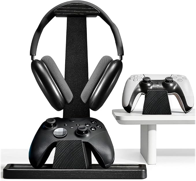 UPERGO Headphone and Headset Stand with Controller Holders Gamer Gifts | Solid Wood, Holds 2 Controllers, Storage Tray for Gaming Room Decor, Compatible with PS5 and Xbox by UPERGO