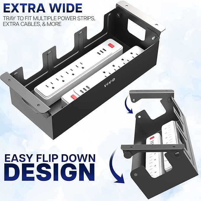VIVO Flip-Open 16 inch Under Desk Cable Management Holder, Under Standing Desk Steel Cord and Power Strip Organizer, Black, Desk-ACCBM1 - Image 5