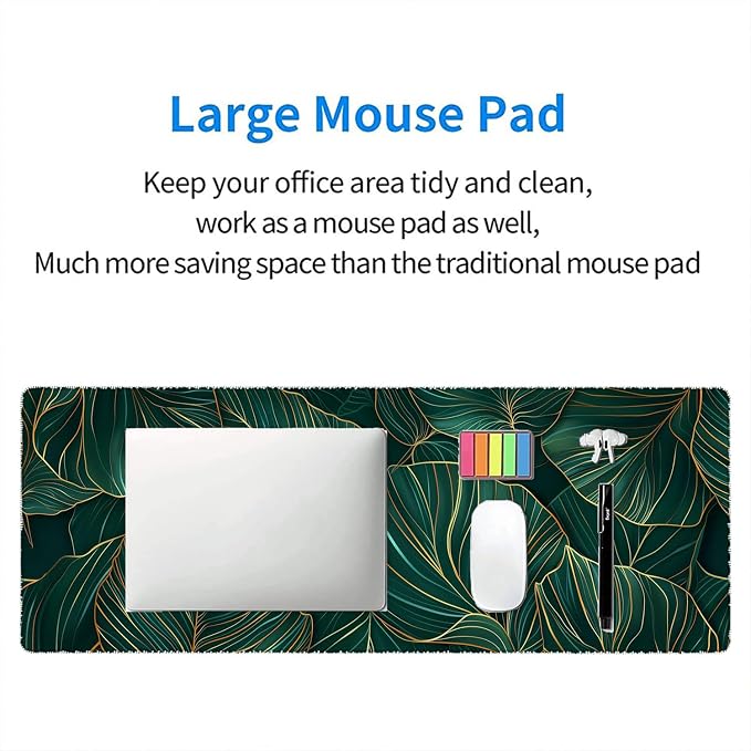 Green Leaves Desk Mat Gaming Mouse Pad Gold Tropical Palm Leaves Large Gaming Mouse Mat with Stitched Edges,Non-Slip Waterproof Rubber Base Mous Mat Office Computer Keyboard Laptop Home 31.5"x11.8" - Image 7