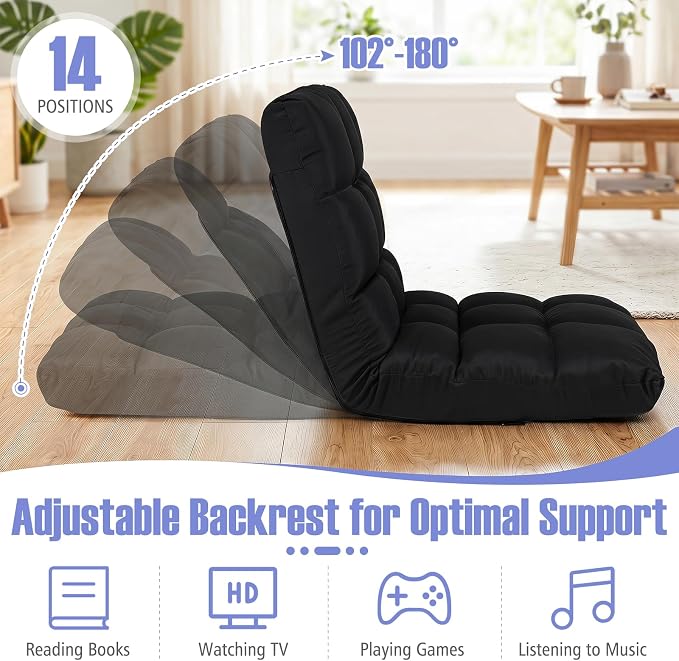 Giantex Adjustable Floor Gaming Sofa Chair 14-Position Cushioned Folding Lazy Recliner High Resilience Sponge, Breathable Cotton & Linen Fabric Sleeper Bed Couch Recliner (Black) - Image 4