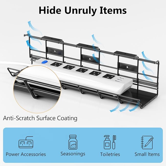 2 Pack DELAMU Under Desk Cable Management Tray, Metal Cord Cable Organizer for Desk, Easy Install Pre-drilled Wire Management Wire Organizer for Office & Home - Image 2