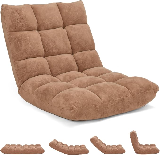 14-Position Floor Sofa, Folding Gaming Sofa Chair, Comfy Cushions & Study Steel Frame, Angle Adjustable Sleeper Bed, Couch Recliner (Tan) by Giantex