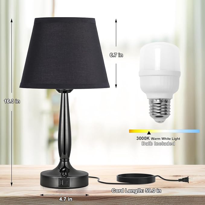 Kakanuo Touch Bedside Lamp for Bedroom with USB C Port, Small Touch Table Lamp with 2 USB Charging Ports, 3 Way Dimmable Nightstand Lamp for Living Room and Office - Black (LED Bulb Included) - Image 7