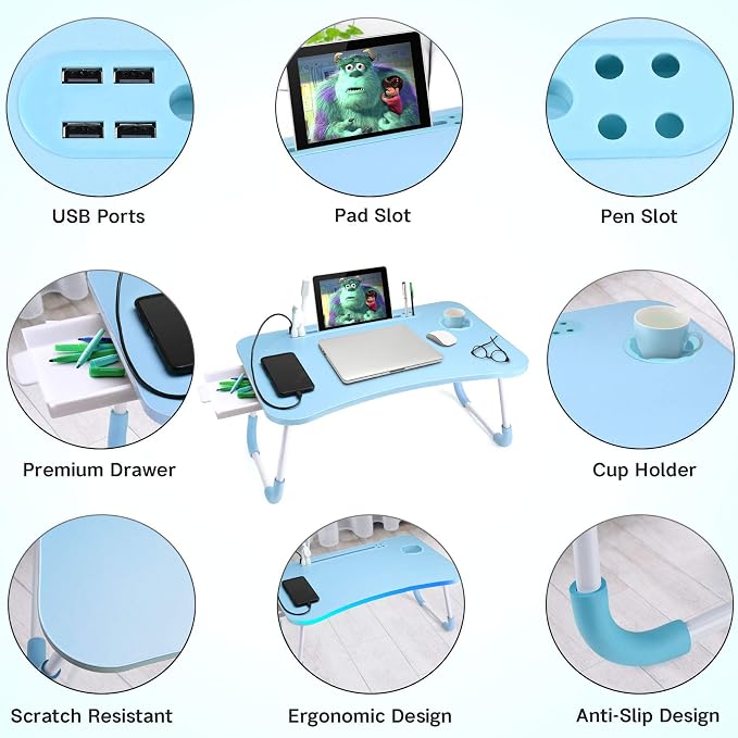 Slendor Bed Desk for Laptop and Writing with Storage, Cup Holder, Light - Image 5