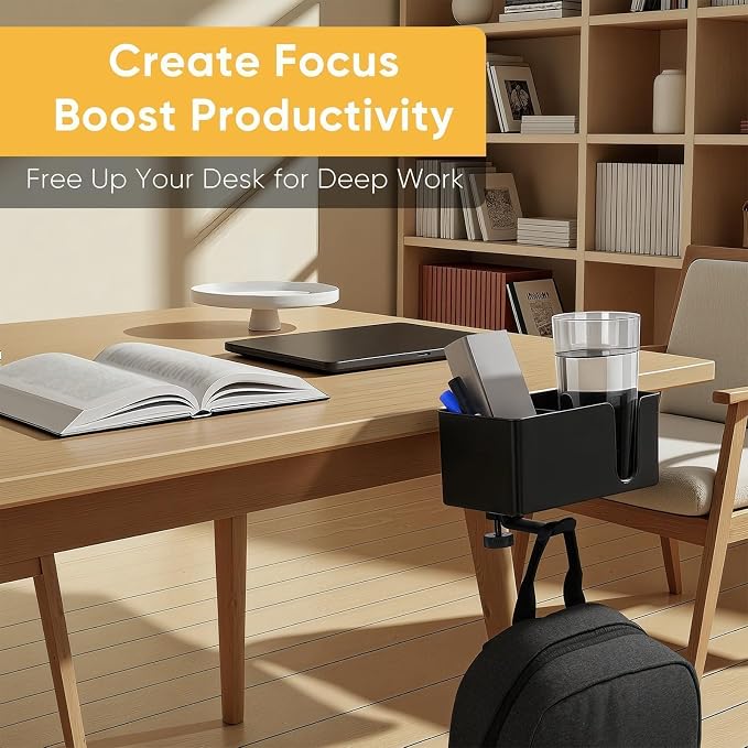 4-in-1 Clip On Desk Cup Holder, Fits up to 40oz cups - Mountable Holder with Adjustable Divider & 360° Rotating Hook - No Spill Clamp On Drink Holder Attachment - for Desk Chair Table Bed Tray - Black - Image 6