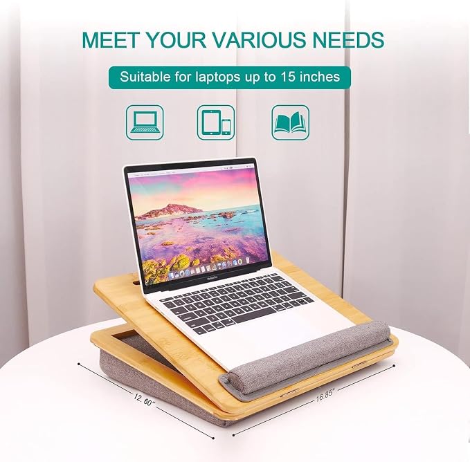 Adjustable Bamboo Lap Desk with Cushion - 5 Tilting Angles Ergonomic Laptop Bed Tray for Computers 15 inches or Less, Phone & Tablet Holder Slot, Dual Bolster for Comfort on Couch, Bed, Sofa & Car - Image 6