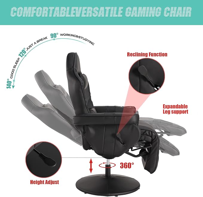 LVUYOYO Reclining Gaming Chair, Gaming Chair with Footrest and Massage, High Back PU Leather Gaming Recliner w/Adjustable Height, Swivel Game Chair with Lumbar Support, Cup Holder, Headrest - Image 3