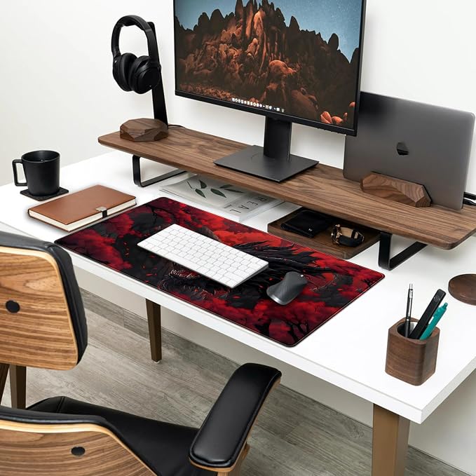 Huge Dragon Large Mouse Pad - Red and Black Mousepad, Big Full Keyboard and Mouse Pad with Stitched Edges, Anti-Slip, Funny Desk Pad, 31.5 X 15.8 in. - Image 3