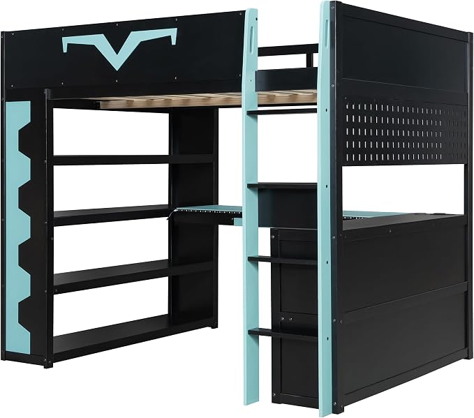 Merax Full Size Gaming Loft Bed with Desk and RGB LED Lights, Pro-Gamer Bed with Power Outlet, Large Bookshelf, Pegboard, Keyboard Tray & Drawer, Blue - Image 6