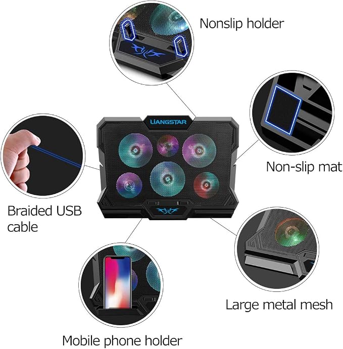 Laptop Cooling Pad, Laptop Cooler with 6 Quiet Fans RGB 7 Color Light for 15.6-17 Inch Laptop Cooling Fan Stand, Portable Slim USB Powered Gaming Laptop Cooling Pad, Switch Control Fan Speed(Black) - Image 4