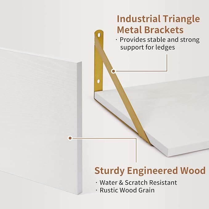 Axeman Deep Floating Shelves for Wall, 12 Inch Deep White and Gold Shelves Set of 2, 16W x 12D White Wood Wall Shelves with Golden Brackets for Bedroom Bathroom Living Room Kitchen - White & Gold - Image 4