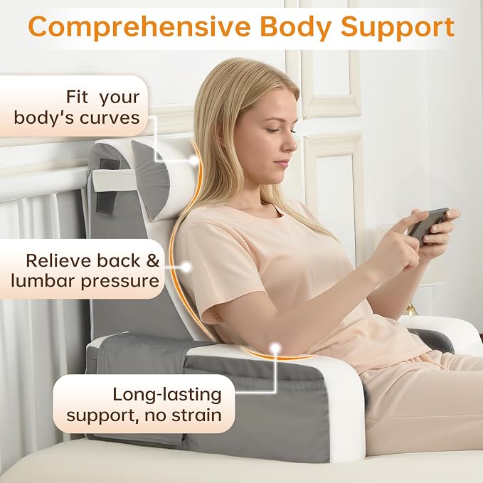 Vekkia 21" Reading Pillow for Bed with XL Side Pockets for Adult | 60° Wedge Back Support, Adjustable Arms,Washable Cover,Support for TV,Gaming,Working,Nursing,Recovery in Bed&Floor,White/Gray - Image 3