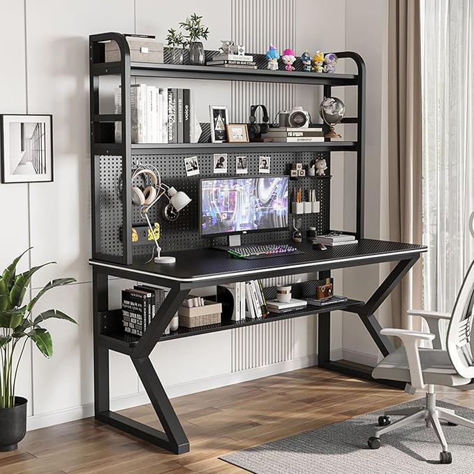 Gaming Desk, Bookshelf Desk, Home Office Computer Desk with Hutch, Gaming Desk with Pegboard, Home Desk with Built-in Bookshelf Combination, for Workspace and Study by Unknown
