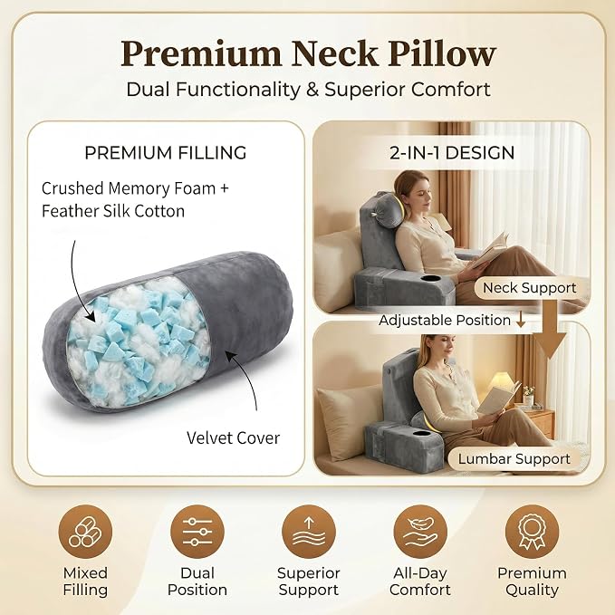 21 INCH Reading Pillow for Adults, Back Pillow for Bed Sitting Up, Backrest Pillow for Sitting in Bed, Detachable Arms with Built-in Cup & Phone Caddy (Gray, 21 INCH) - Image 4