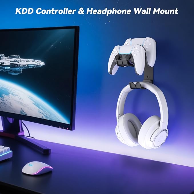 KDD Dual Controller & Headphone Holder Stand Wall Mount - Gaming Headset Hanger with Adhesive or Screws Install for Xbox Series X/S, PS5/4/3, Switch, STEAM, Universal PC Gamepad Accessories - Image 2