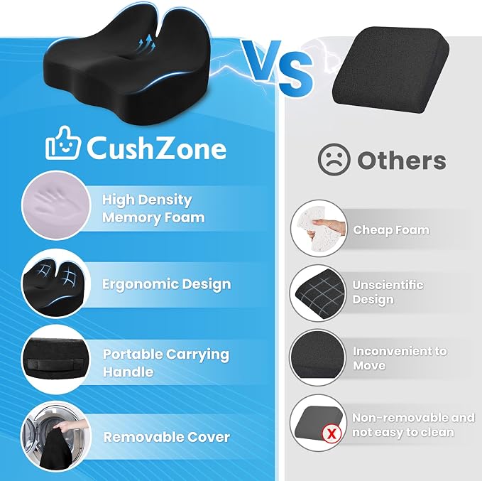 CushZone Extra Large Seat Cushion, Sciatica Support for Office Chair, Black | Ergonomic Office Chair Cushion for Hip & Tailbone Pain Relief, Memory Foam Cushion for Car, Long Trip, Desk Chair, Lab - Image 6