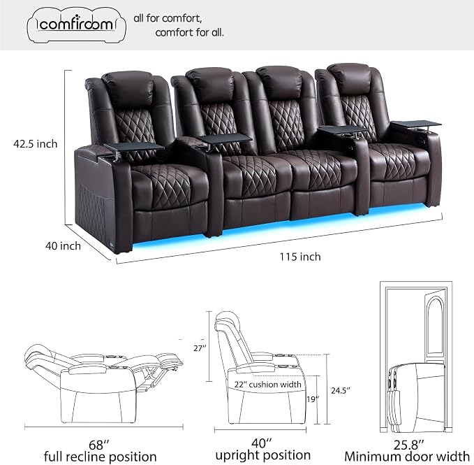 comfiroom Top-Grain Leather Home Theater Seating, Dual-Motor Power Recliner - Image 2
