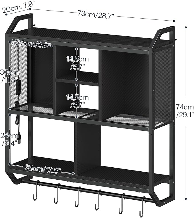 HOOBRO Gaming Floating Shelves with LED Lights, 28.7" LED Wall Mounted Shelf, 3-Tier Display Rack for Wall Storage, Floating Rack with Hanging Rod and 6 S-Hooks, for Gaming Room, Black BB70DBJ01 - Image 3